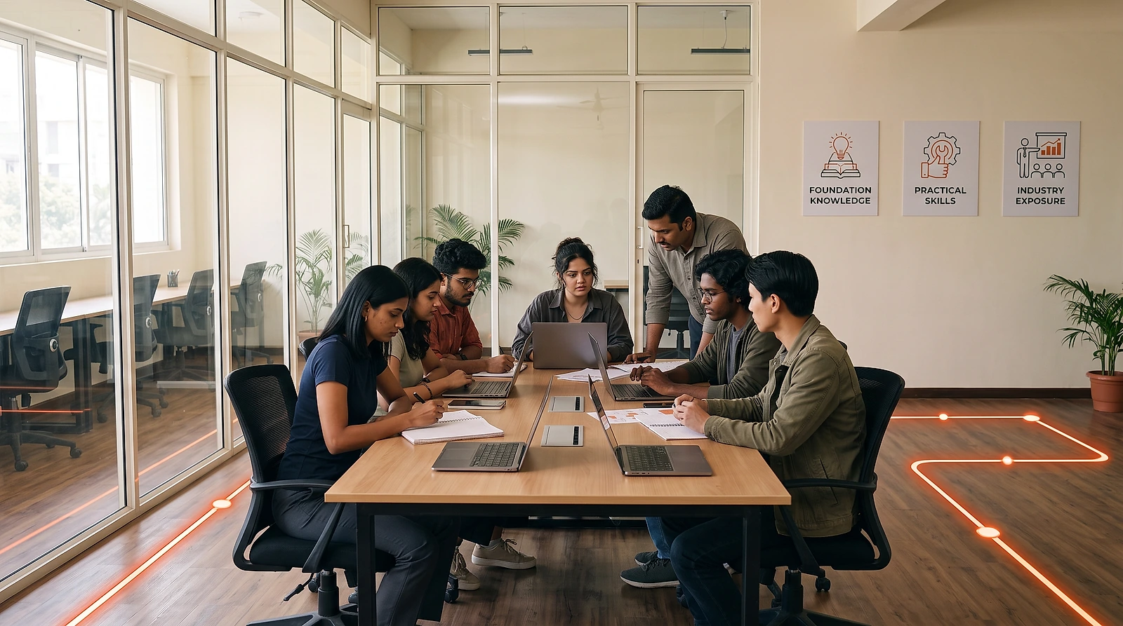 A cohort of students working at a long table on campus while an instructor leans in to help, beside posters reading foundation knowledge, practical skills and industry exposure