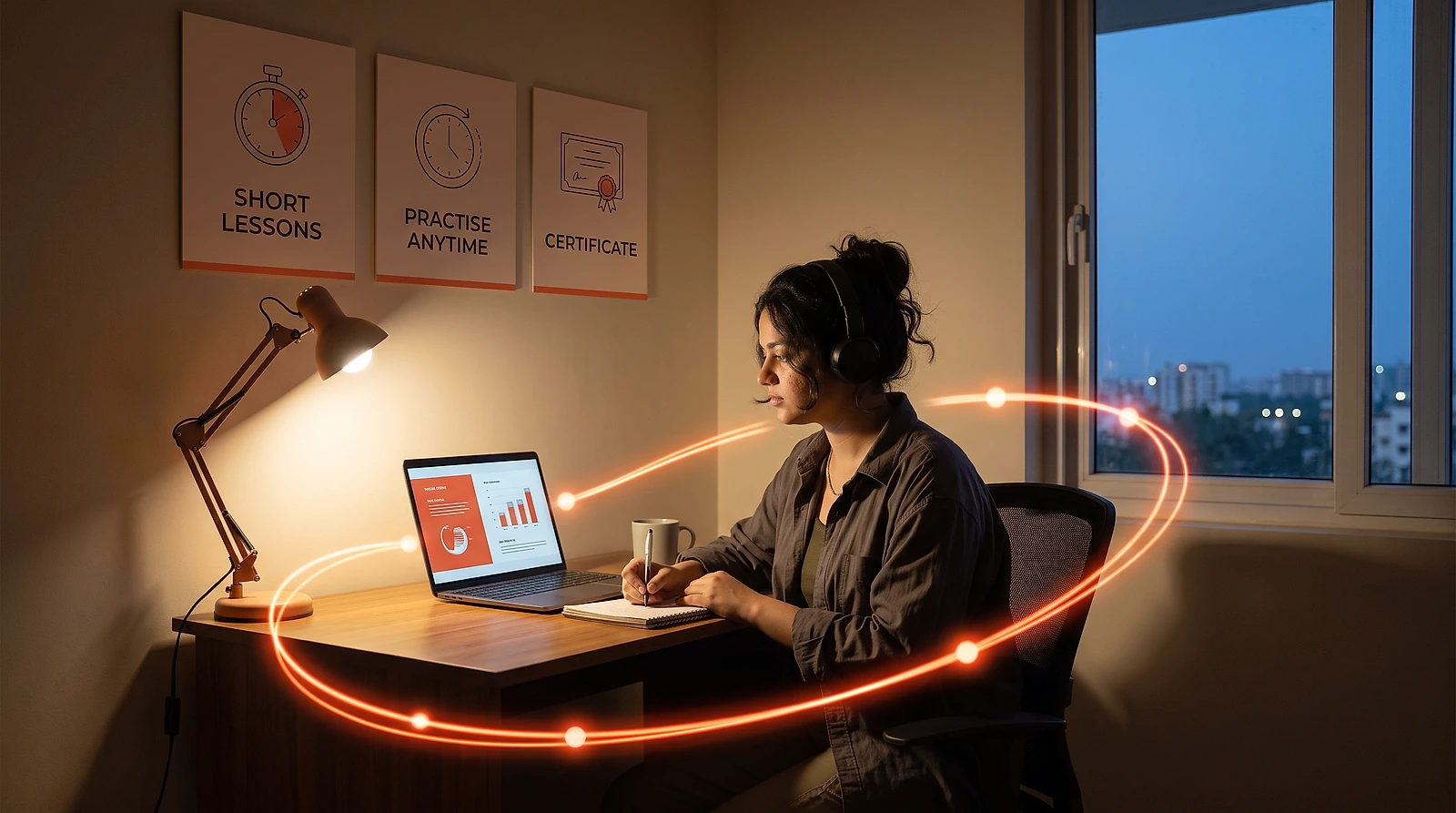 A learner studying alone at a desk at home in the evening, headphones on, working through a course on a laptop beside posters reading short lessons, practise anytime and certificate
