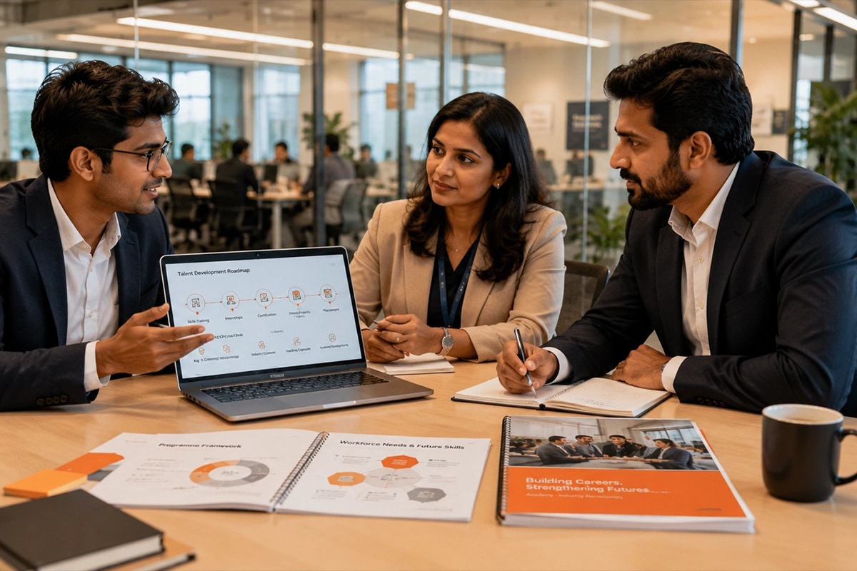 Three colleagues around a laptop in an office, working through a talent development roadmap