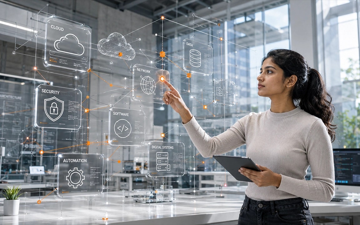 A student reaching towards a projected systems diagram covering cloud, security, software, automation, networking and data