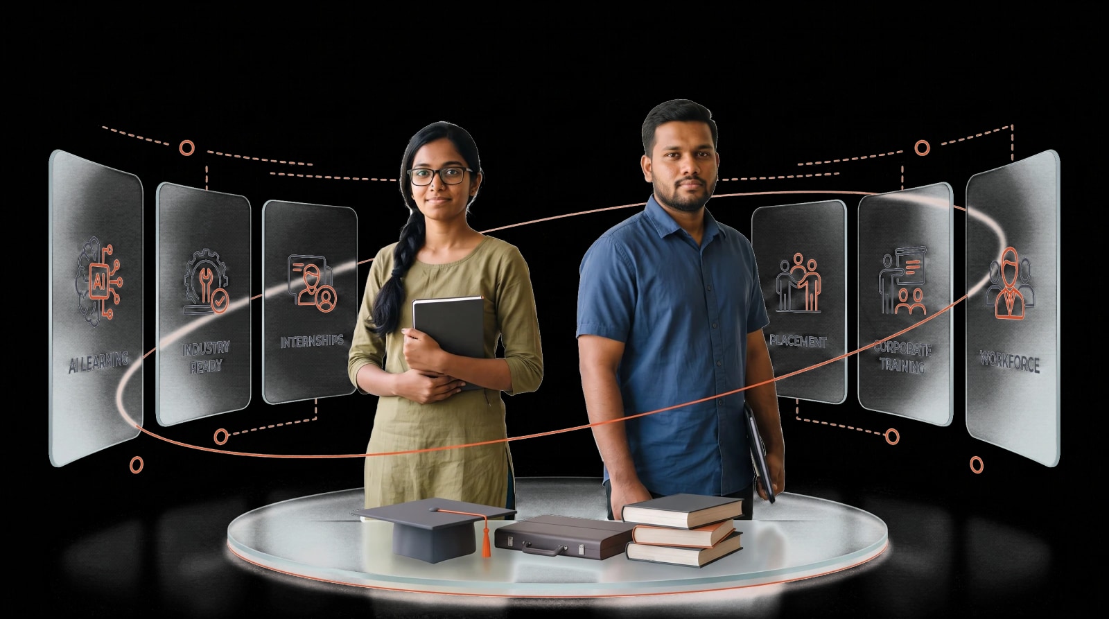 Two students standing on a lit platform with a graduation cap, a laptop and a stack of books, in front of curved panels reading AI Learning, Industry Ready, Internships, Placement, Corporate Training and Workforce