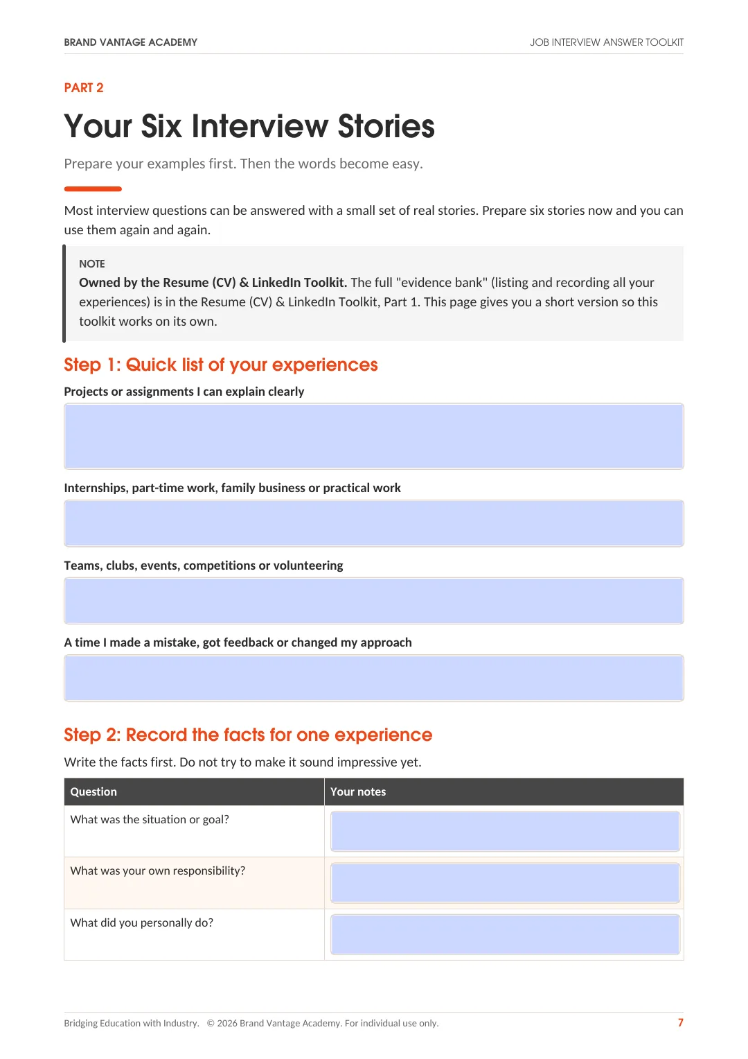 A worksheet you complete from the Job Interview Answer Toolkit