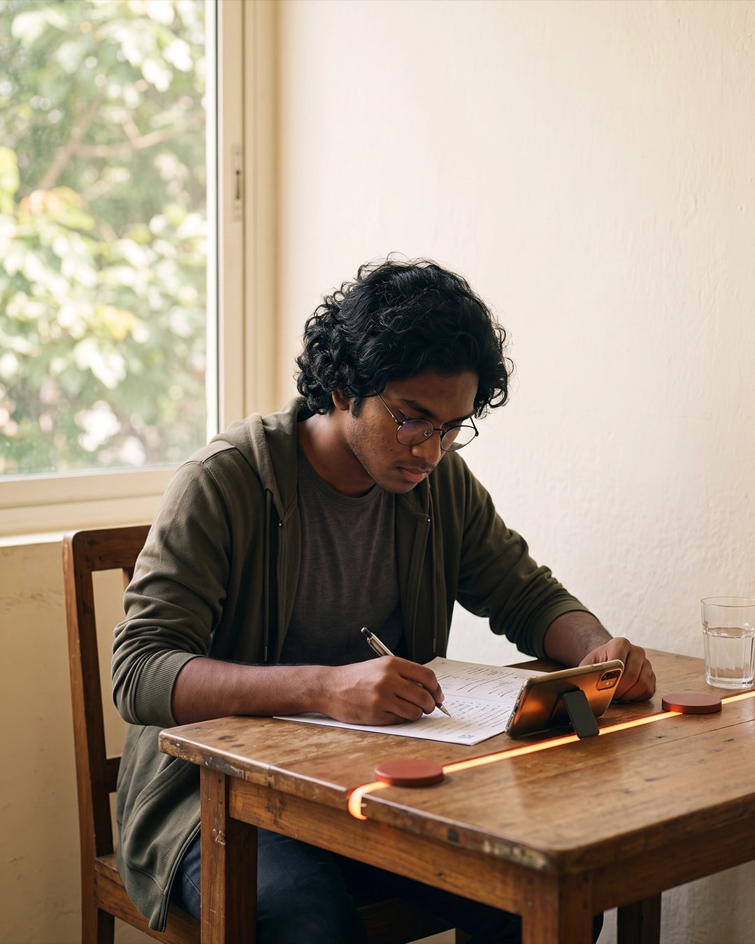 A student at a desk working through a printed checklist, phone and laptop open beside it
