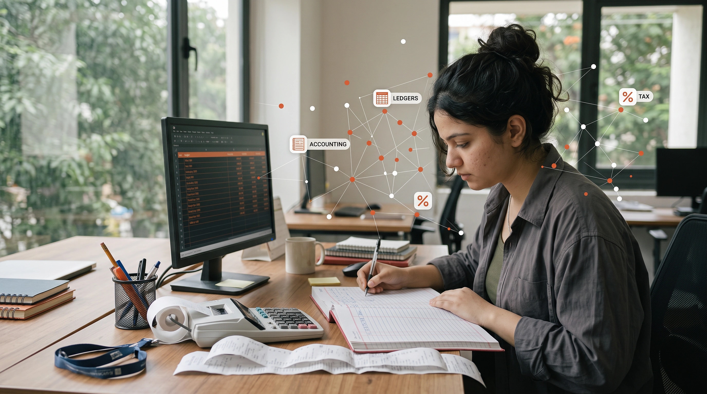A student working in accounting software with supporting documents to hand
