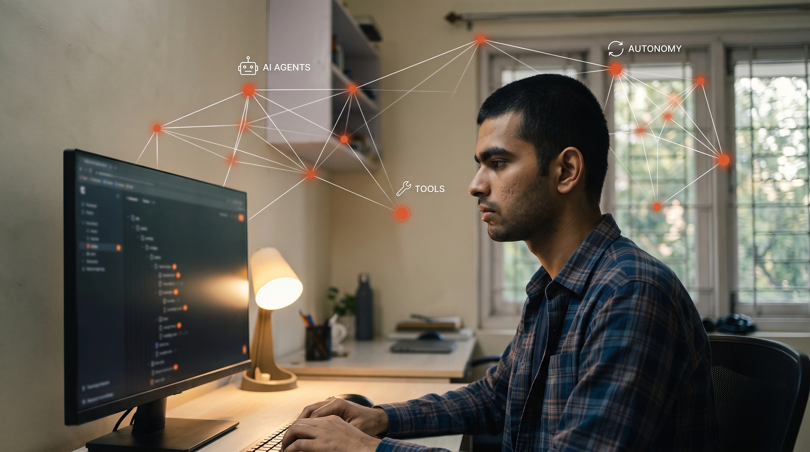 A student working with an AI assistant on a laptop, checking its output rather than accepting it