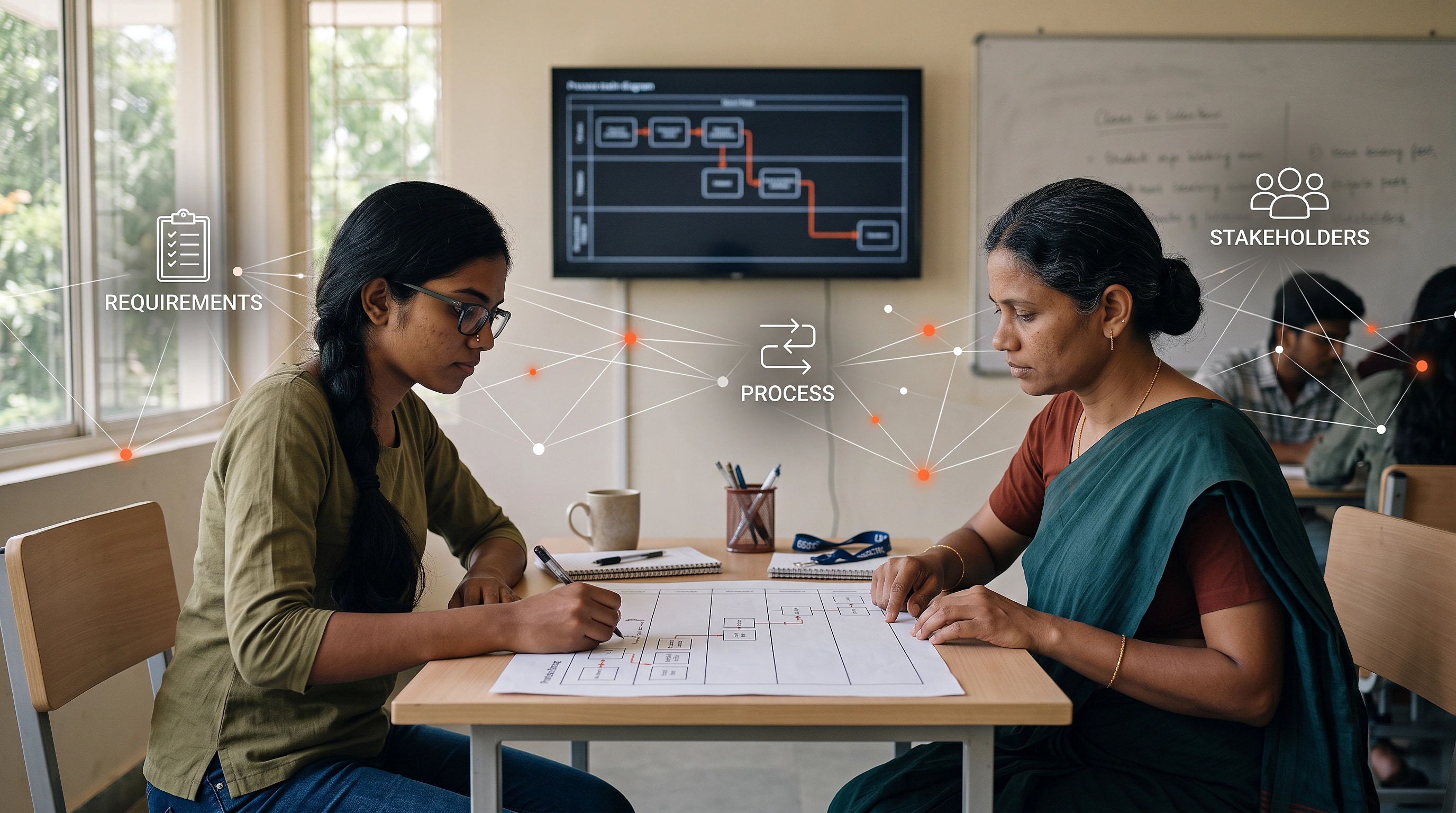 A student presenting a dashboard to two colleagues