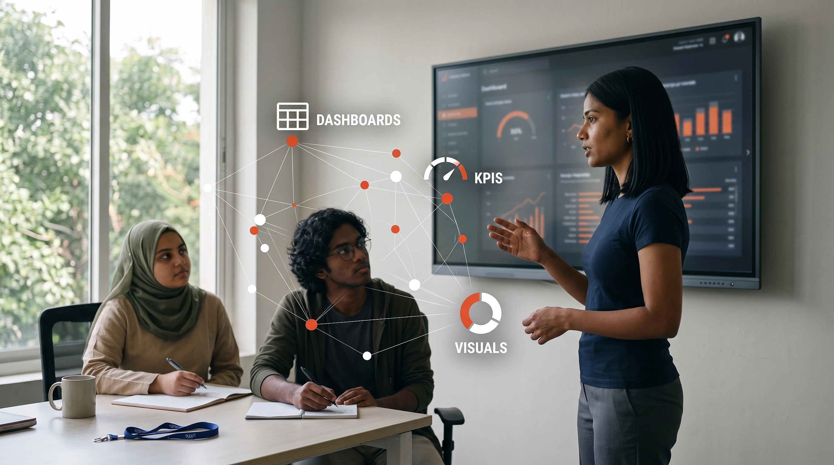 A student presenting a dashboard to two colleagues