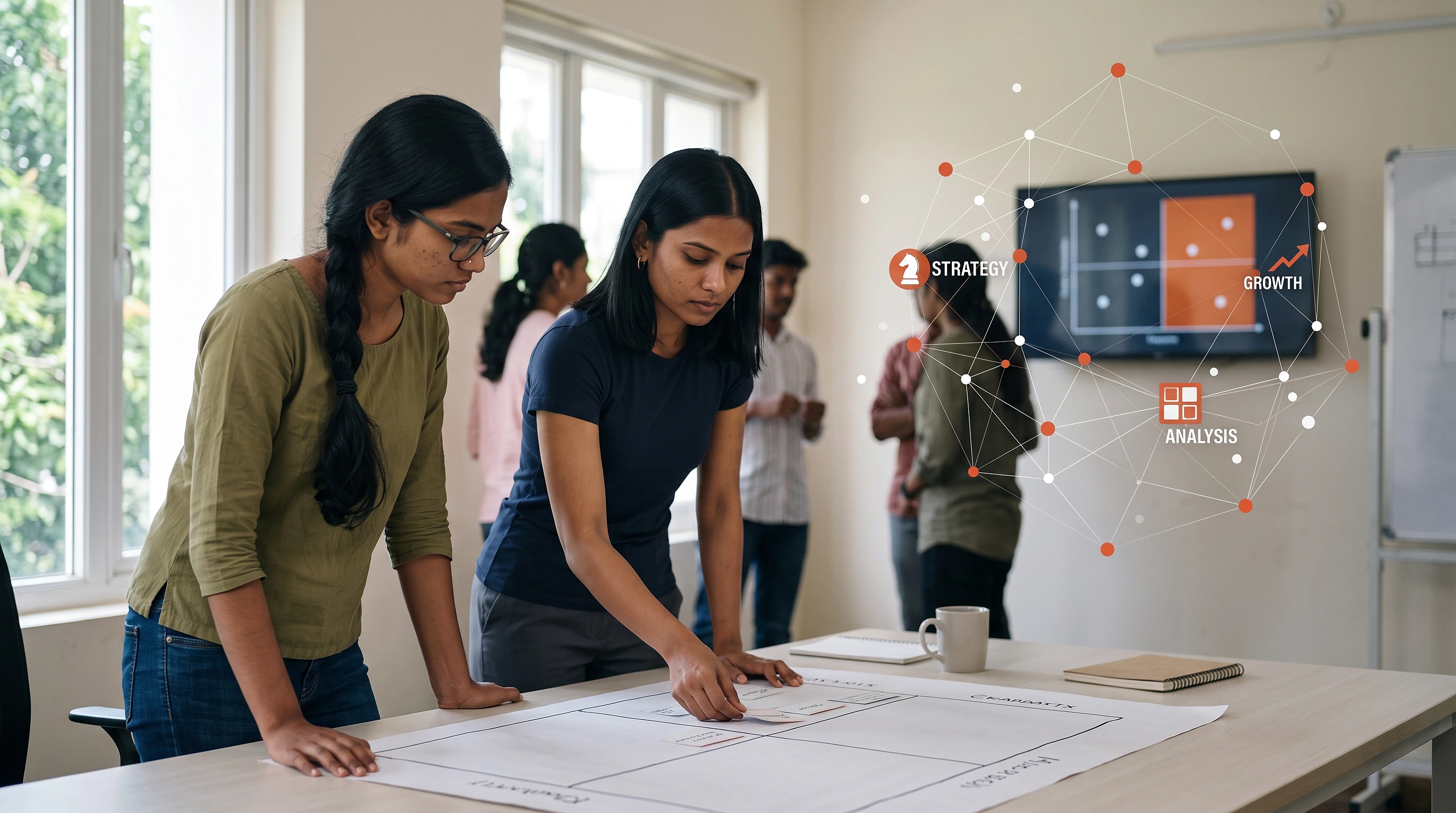 A small team working through a business problem at a whiteboard