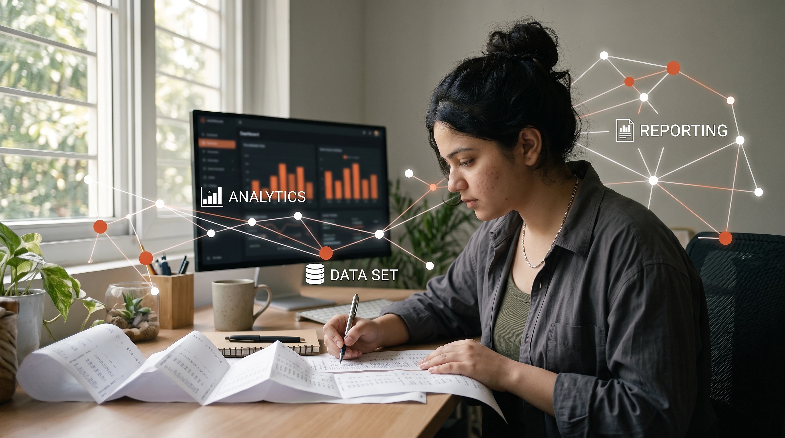 A student presenting a dashboard to two colleagues