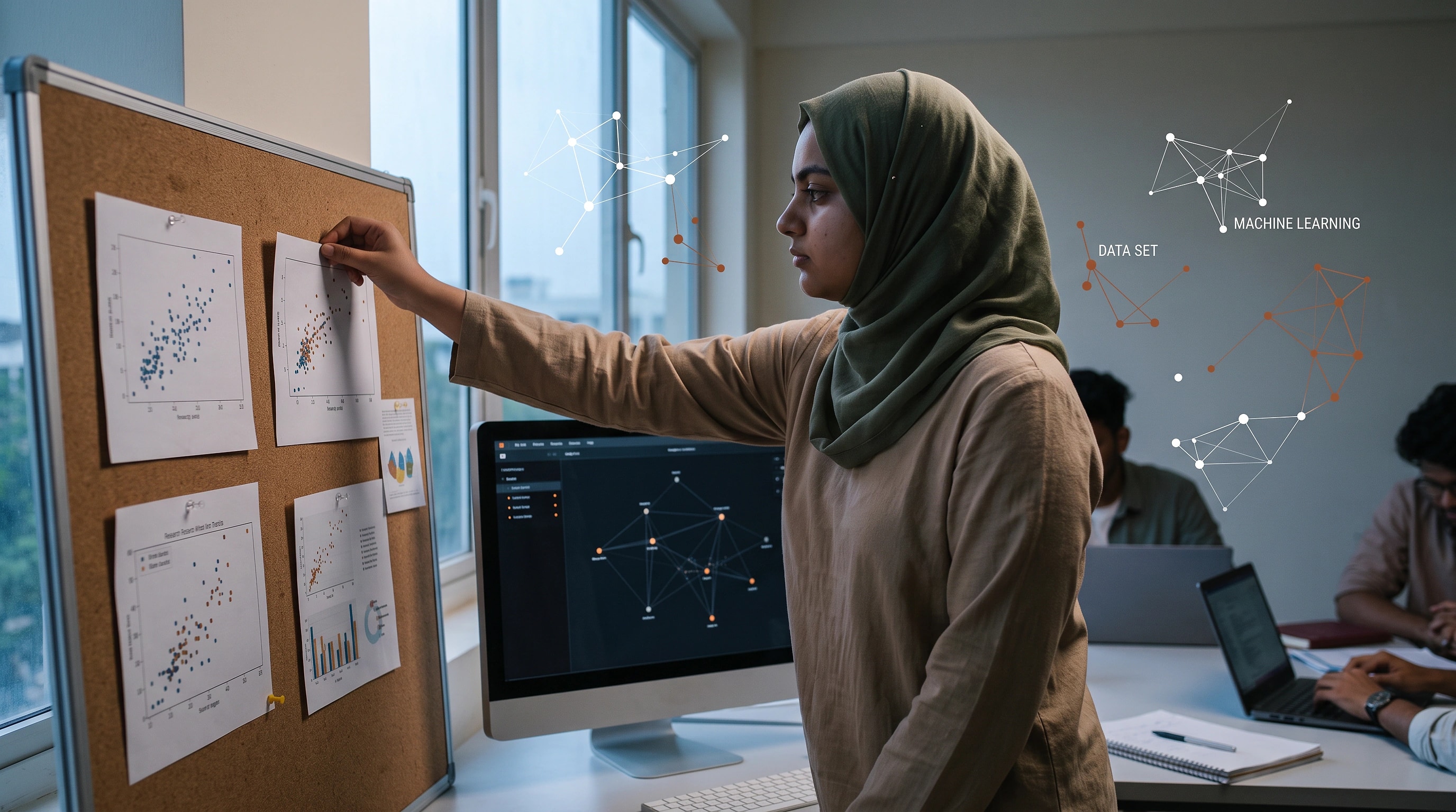 A student presenting a dashboard to two colleagues