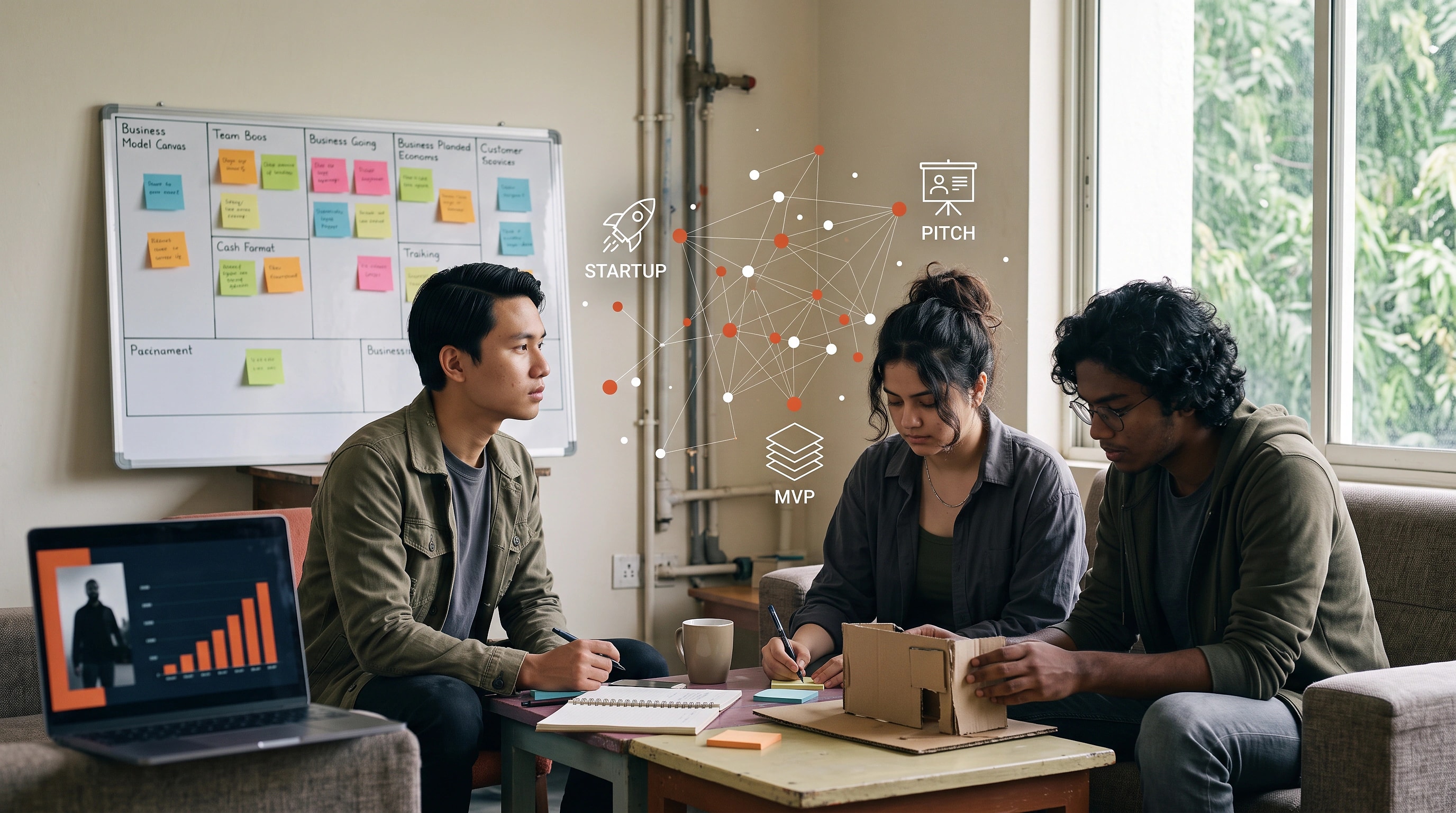 A small team working through a business problem at a whiteboard