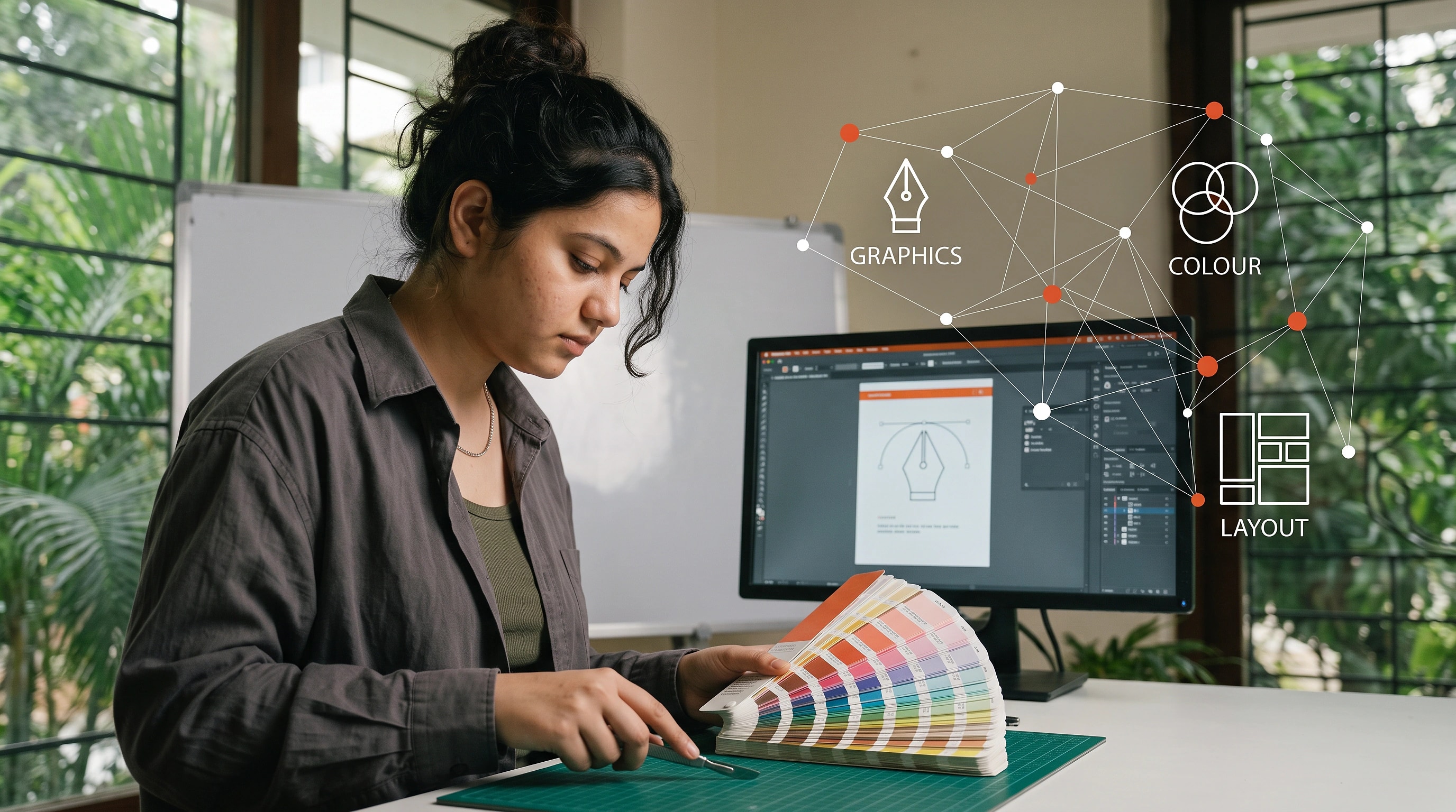 A designer reviewing interface screens and printed work side by side