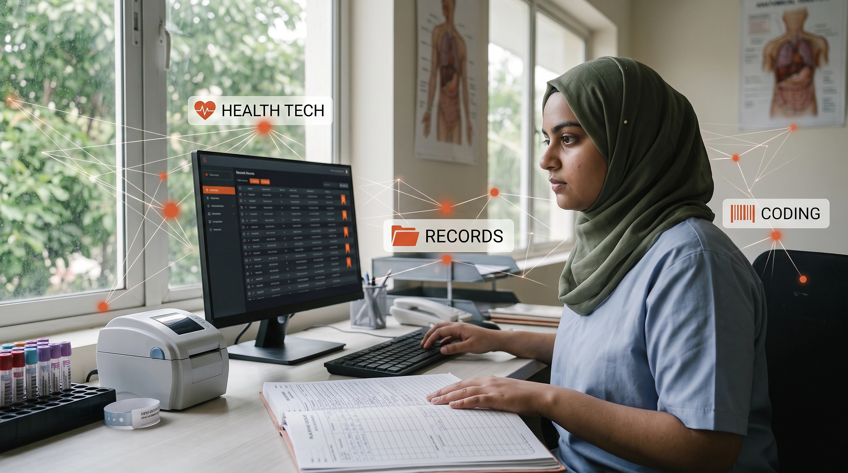 A hospital administrator working with records and scheduling systems