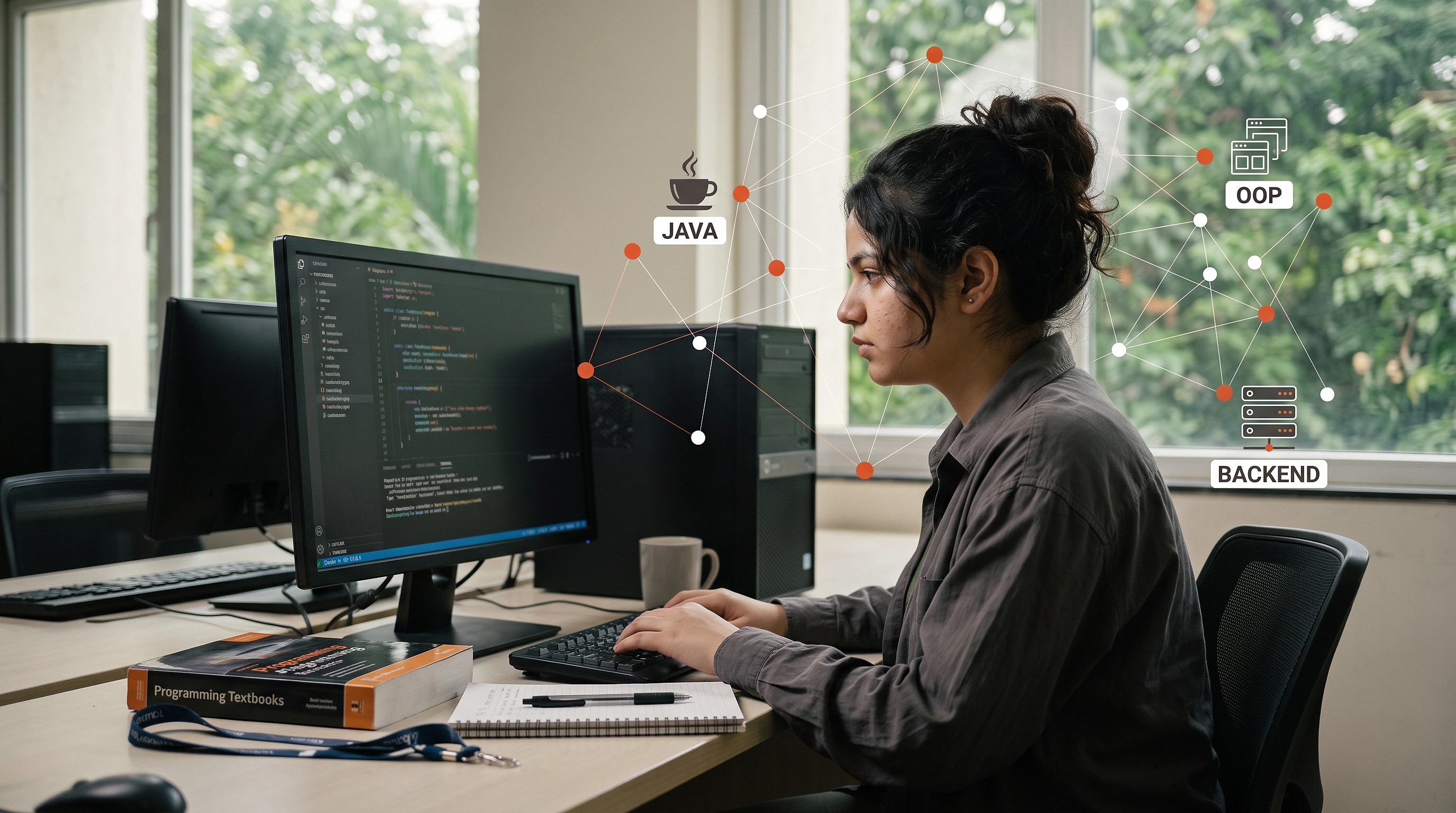 A student writing code with a second screen showing a running application