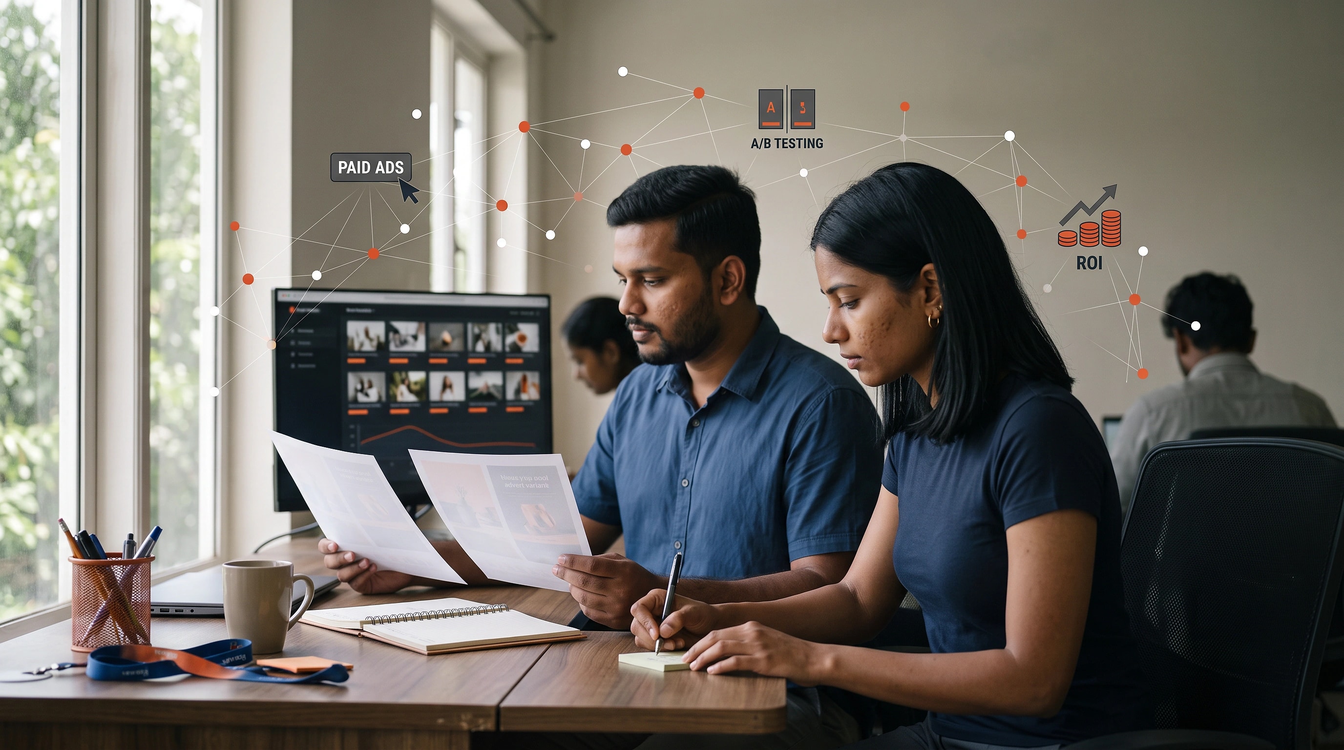 A campaign review in progress, with performance figures on screen