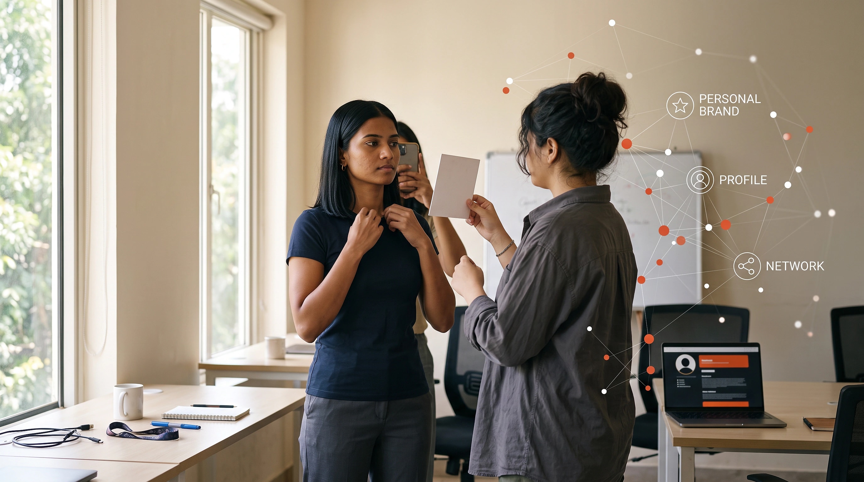A student in a mock interview facing a two-person panel