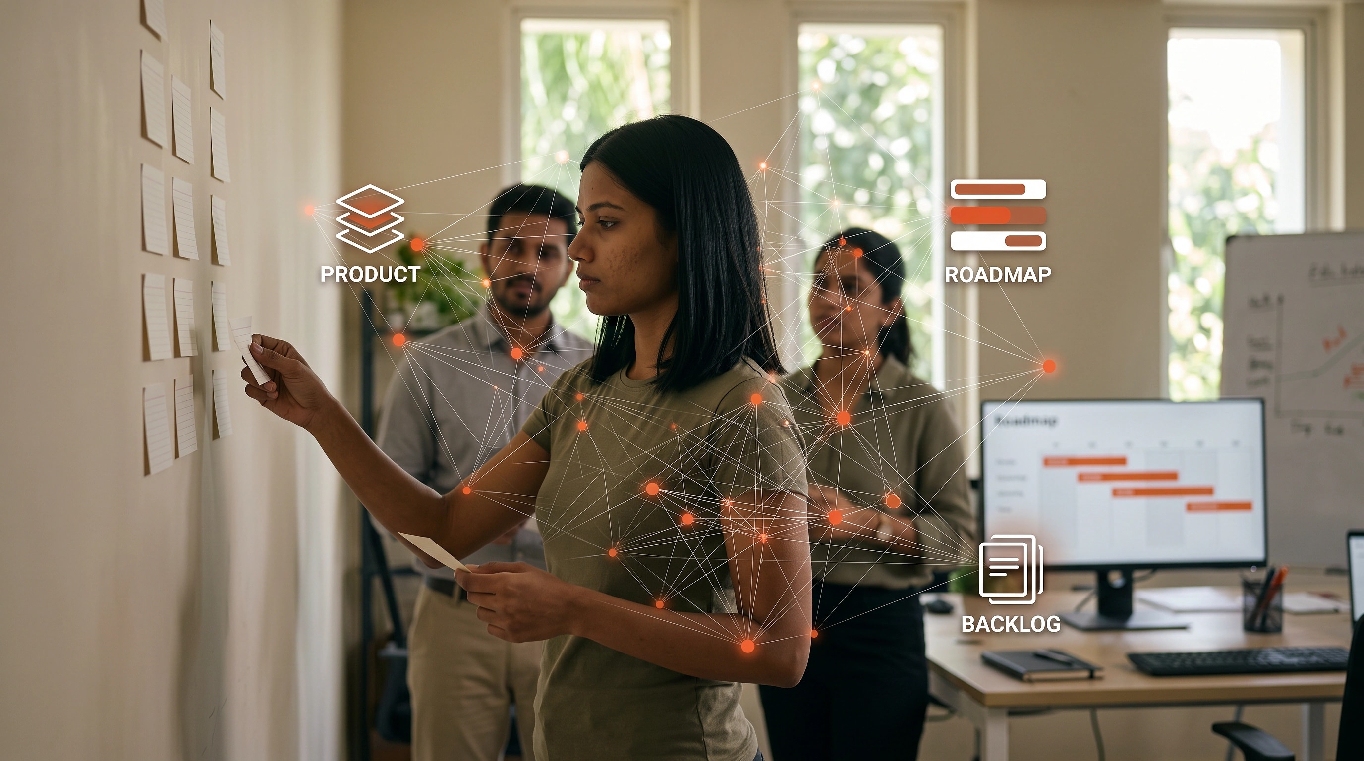 A small team working through a business problem at a whiteboard