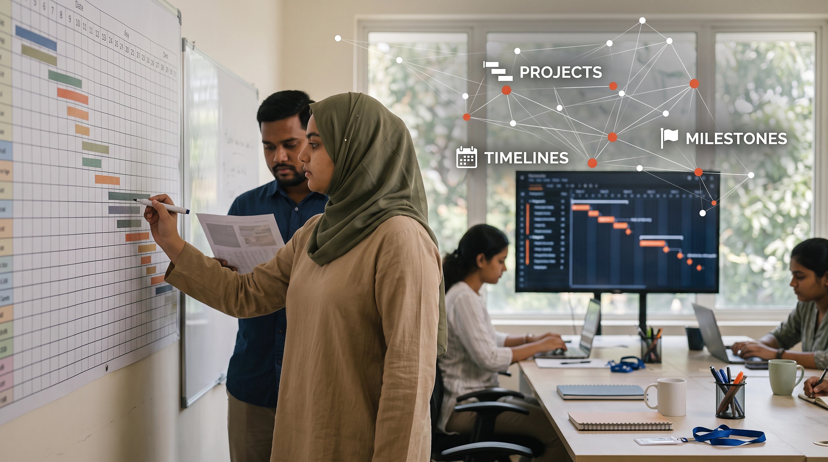A small team working through a business problem at a whiteboard