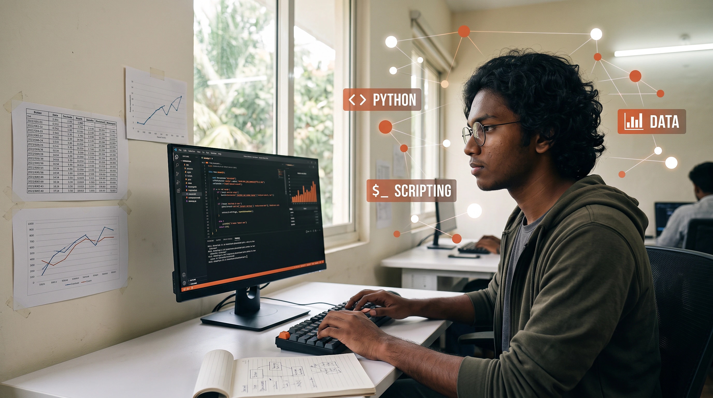 A student writing code with a second screen showing a running application