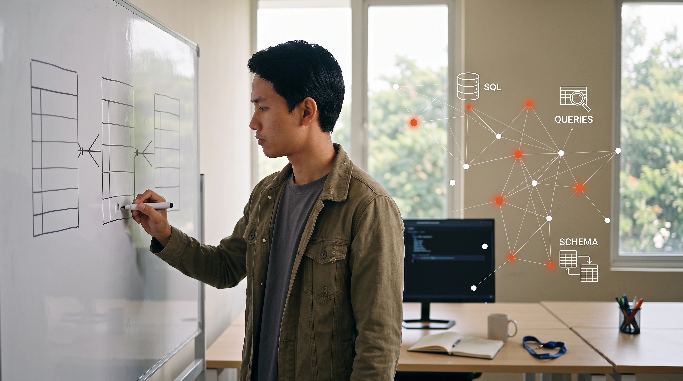 A student presenting a dashboard to two colleagues