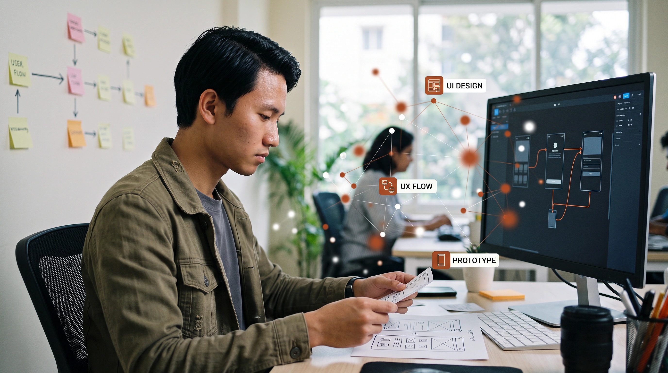 A designer reviewing interface screens and printed work side by side