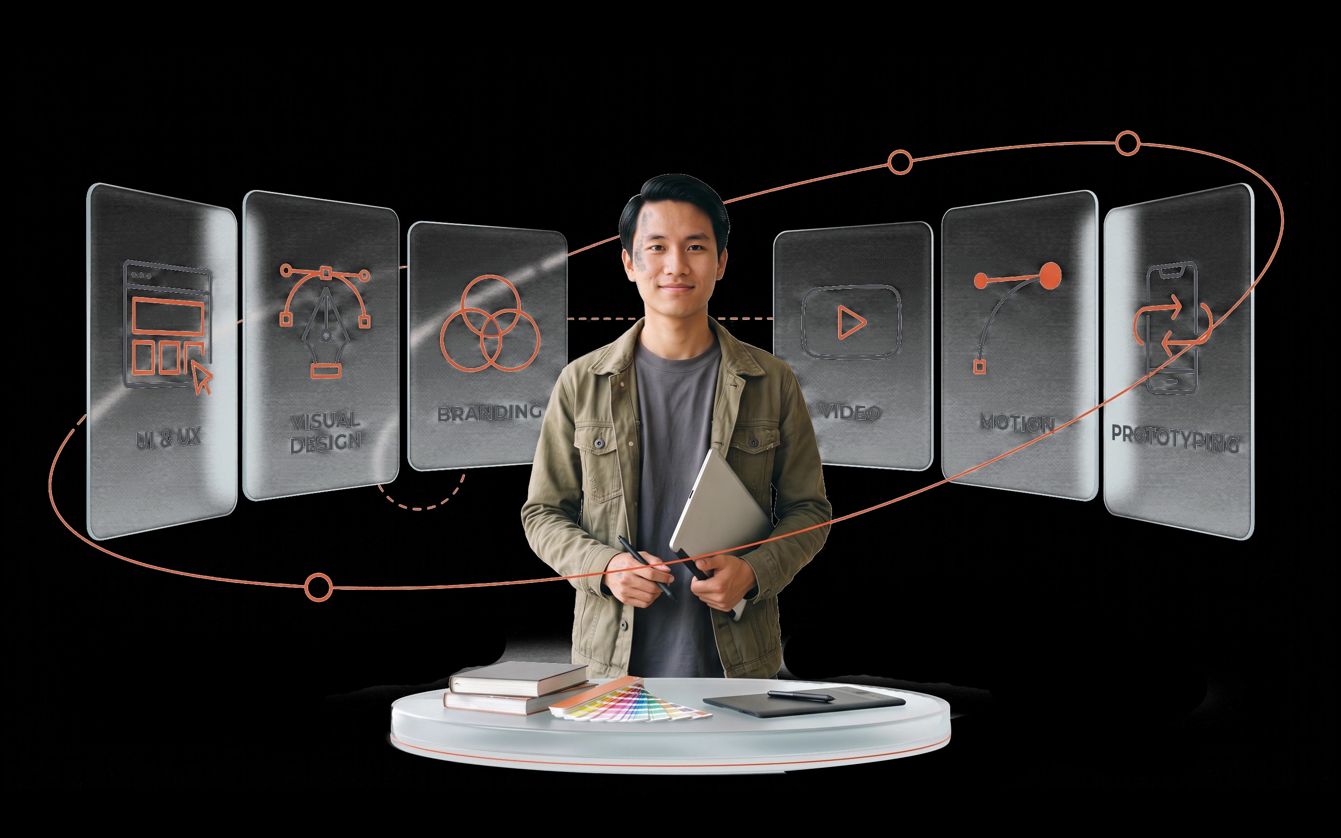 A designer reviewing interface screens and printed work side by side